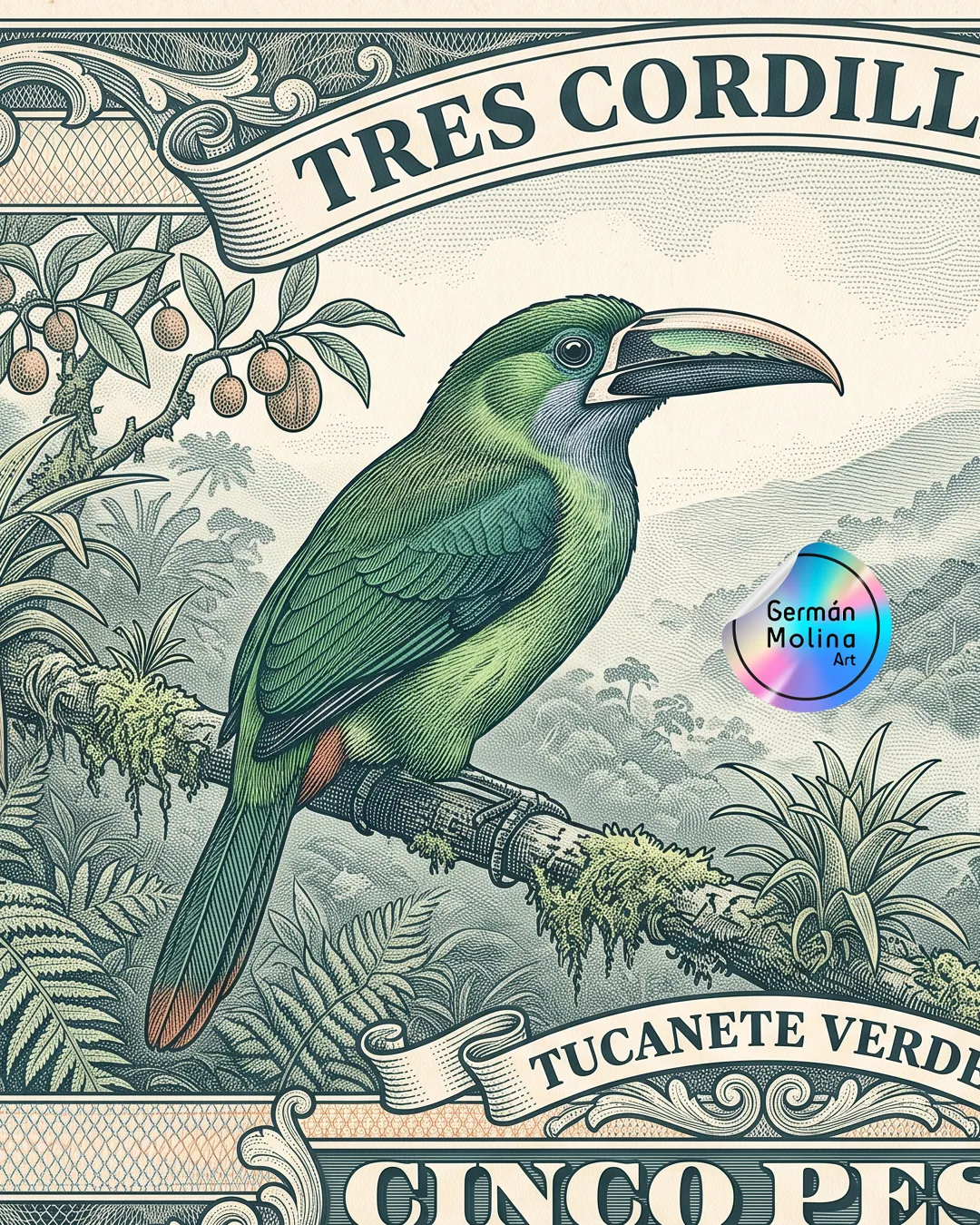 Aves de Colombia ilustración: homenaje en forma de billete