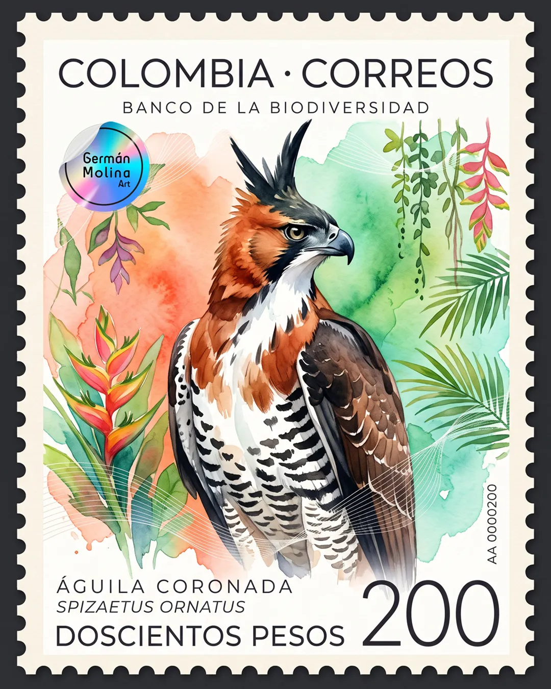 conservación de la biodiversidad en Colombia Aguila Coronada Acuarela conservación de la biodiversidad en Colombia