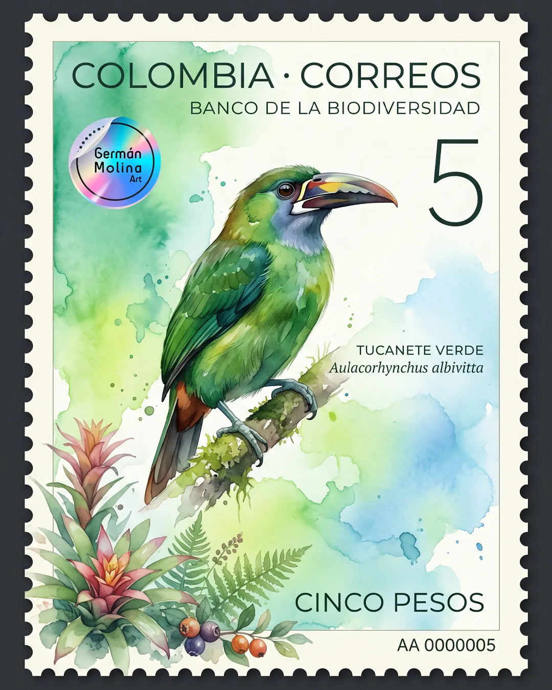 conservación de la biodiversidad en Colombia Tucanete Verde Acuarela conservación de la biodiversidad en Colombia